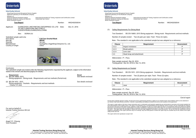 CE Test report for full face snokel mask